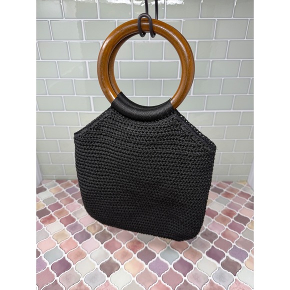 The Unbranded Brand Handbags - VTG Black Crochet Handbag with Round Wooden Handles